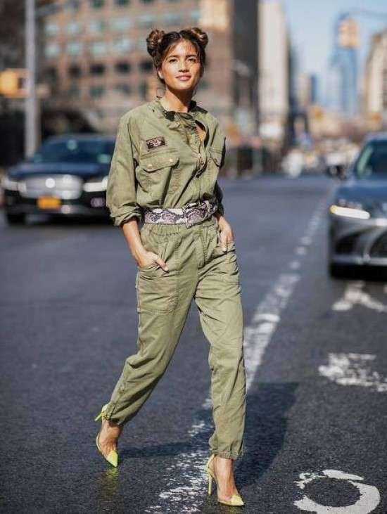 Estilo militar macacão moda feminina.