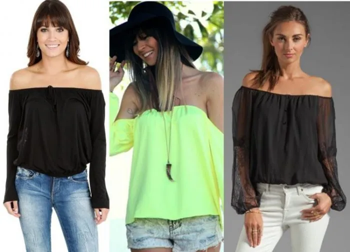 Looks com blusa com decote ombro a ombro.