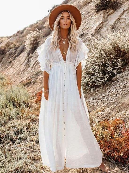 Vestido boho moda anos 1970.