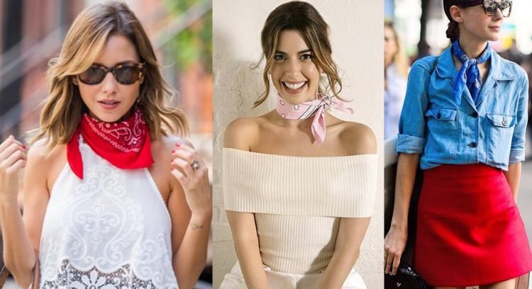 Três looks com bandana amarrada no pescoço.