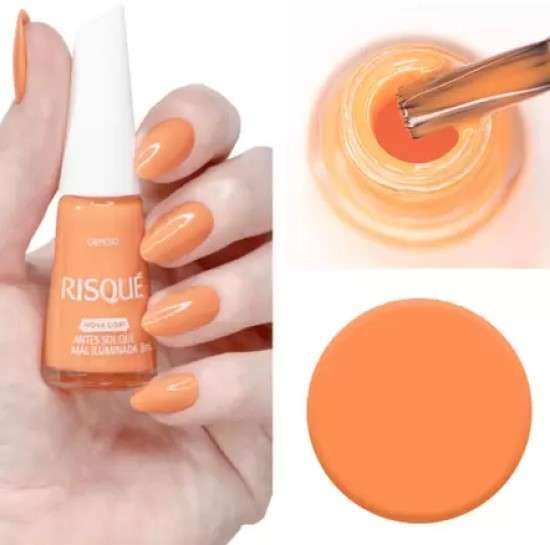 Esmalte cor de pêssego cor do ano 2024 Peach Fuzz Antes Sol que Mal Iluminada.