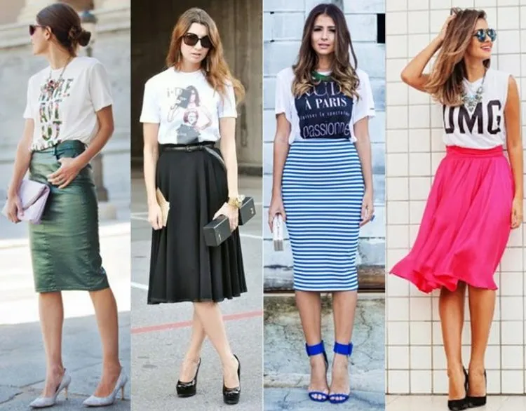 Quatro looks de saia com comprimento midi com camiseta.