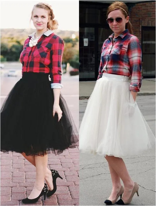 Saia de tule com camisa xadrez