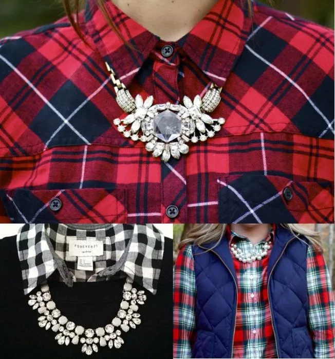Blusa xadrez com colar de pedras