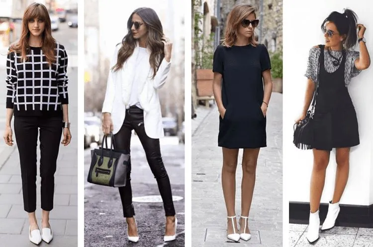 Sapato branco com roupa preta e branca.