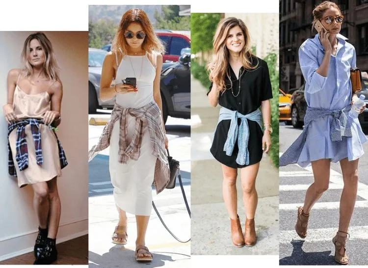 Mulheres com peças de camisas amarradas na cintura