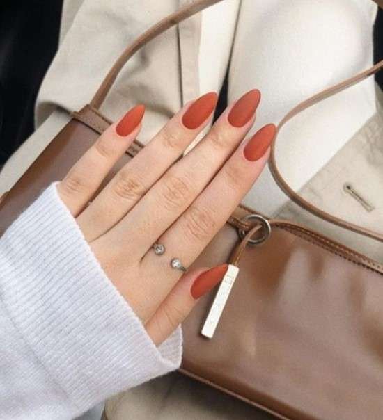 Unhas elegantes com esmalte caramelo.