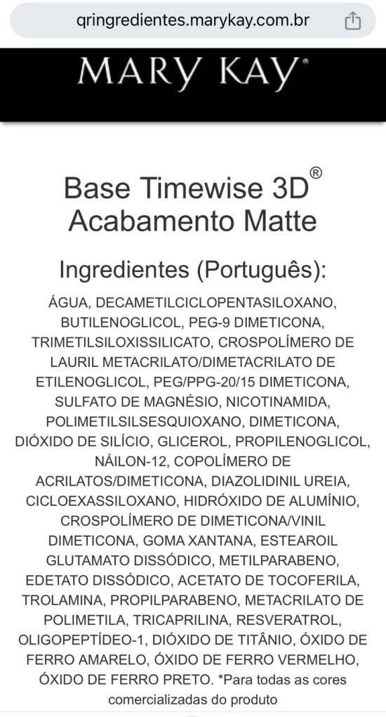 Ingredientes da base Mary Kay Timewise em português.