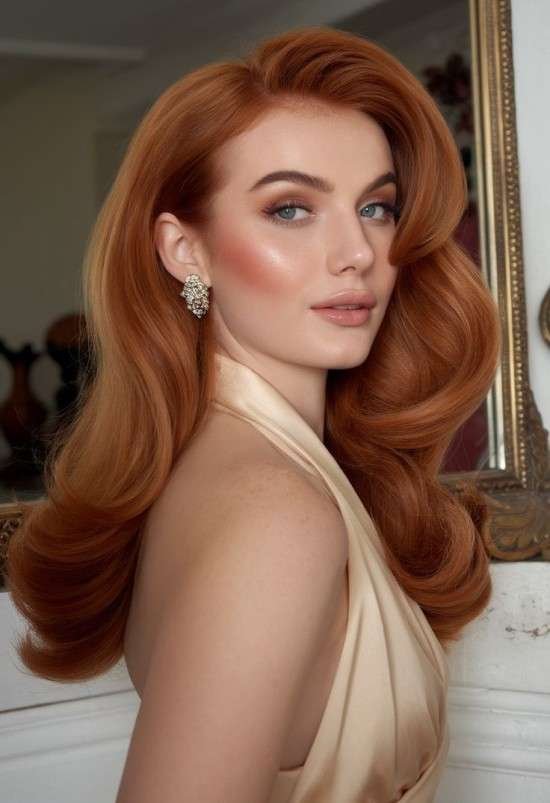 Penteado chique cabelo solto Old Hollywood ruiva.