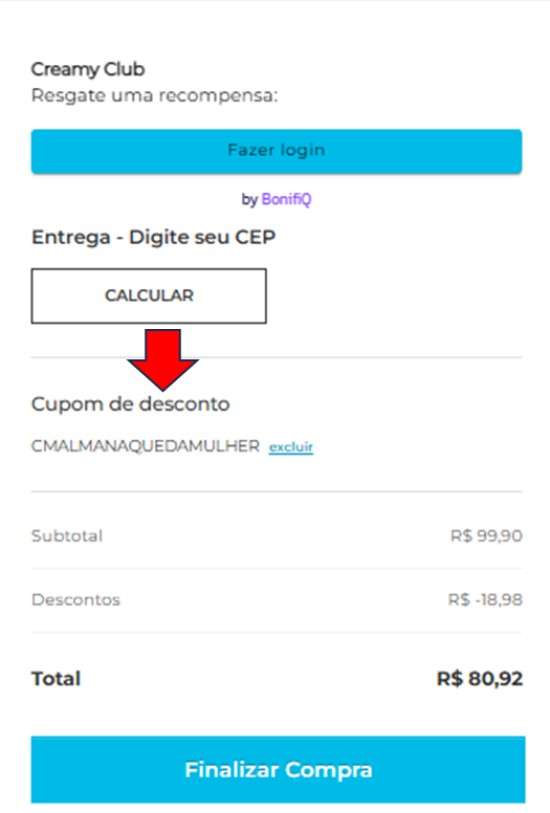Onde colocar o cupom de desconto da Creamy.