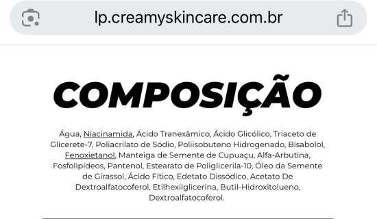 Composição em português do ácido tranexâmico da Creamy.